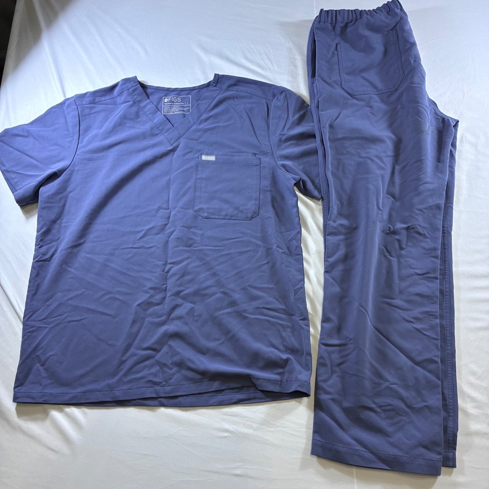 FIGS Technical Collection Scrub Set  Blue V-Neck Top Pisco Pants Womens L L/S
